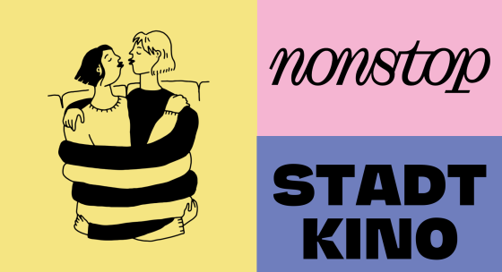 Banner: zwei in sich umschlungene Frauen sind dargestellt mit der Schriftzug nonstop x Stadtkino