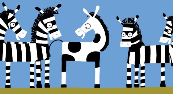 Fünf Zebras im Comicstil. Vier Zebras sind gestreift, eine Zebra ist gefleckt.