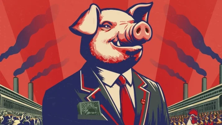 Schwein mit Anzug und roter Krawatte vor Fabrikschornsteinen, die schwarzen Rauch ausstoßen, im Stil einer politischen Karikatur.