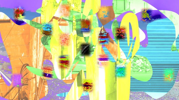 Bunte abstrakte Formen und Flecken in Gelb, Grün, Blau, Orange und Lila überlagern sich auf hellem Hintergrund.