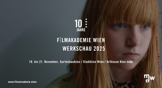 Text auf schwarzem Hintergrund mit weißer Schrift: '10 Jahre Filmakademie Wien Werkschau 20', darunter Termine '18. bis 21. November, Gartenbaukino / Stadtkino W', unten links 'www.filmakademie.wien', unten rechts Logo 'mjw'.
