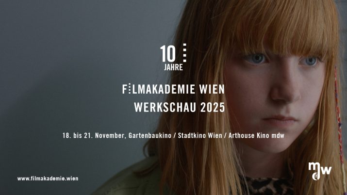 Text auf schwarzem Hintergrund mit weißer Schrift: '10 Jahre Filmakademie Wien Werkschau 20', darunter Termine '18. bis 21. November, Gartenbaukino / Stadtkino W', unten links 'www.filmakademie.wien', unten rechts Logo 'mjw'.