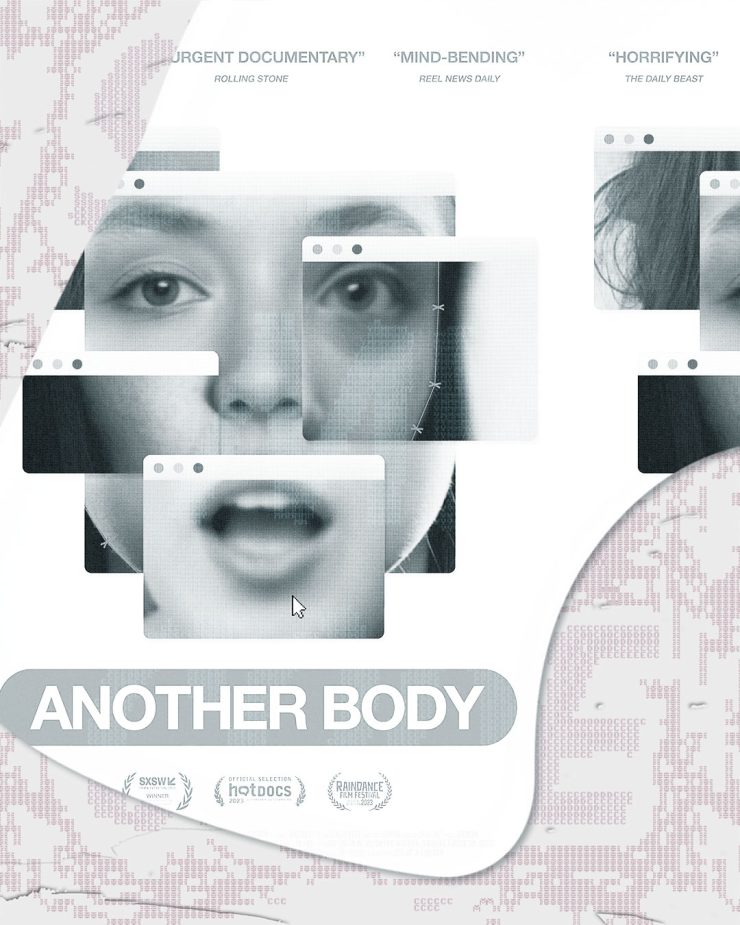 Filmplakat mit dem Titel 'ANOTHER BODY' in Großbuchstaben, umgeben von Auszeichnungen und Kritikerzitaten.