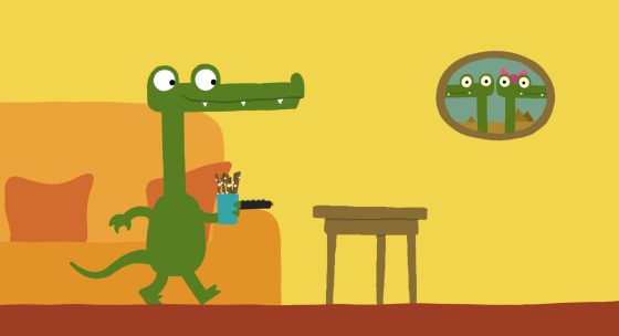 Ein Filmstill mit einem animierten Krokodil vor einem gelben Hintergrund.