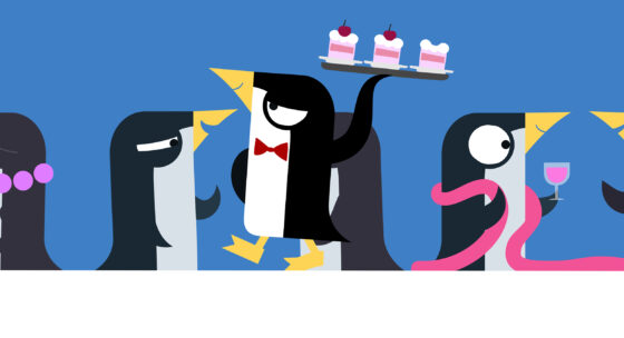 Drei stilisierte Pinguine in einer Reihe, der mittlere trägt eine Fliege und balanciert ein Tablett mit drei kleinen Torten, der rechte hält ein Weinglas und hat eine pinke Schlange um den Hals.