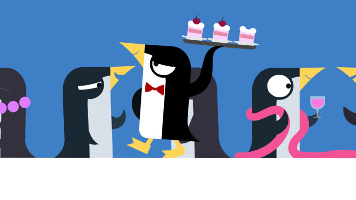 Drei stilisierte Pinguine in einer Reihe, der mittlere trägt eine Fliege und balanciert ein Tablett mit drei kleinen Torten, der rechte hält ein Weinglas und hat eine pinke Schlange um den Hals.