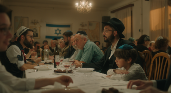 Mehrere Personen sitzen an einem langen Tisch in einem Raum mit einer israelischen Flagge an der Wand.
