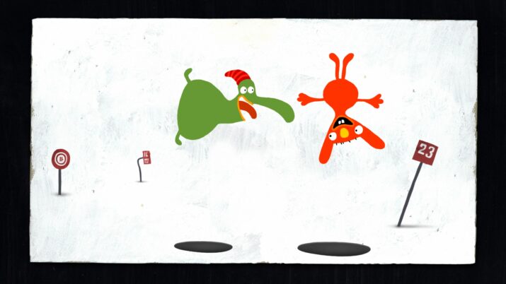 Zwei bunte, cartoonhafte Figuren springen über schwarze Schattenlöcher auf weißem Hintergrund mit kleinen Schildern daneben