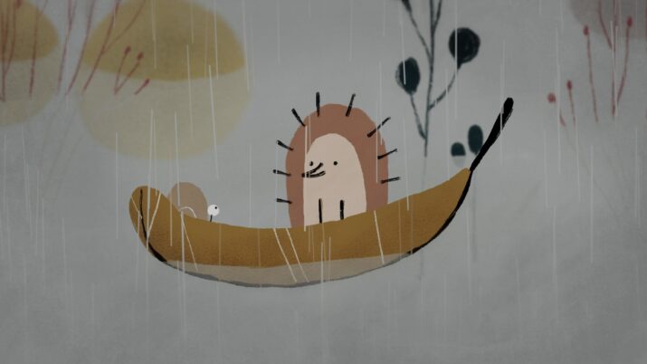 Illustration eines Igeltiers und einer kleinen weißen Maus in einem braunen Boot bei Regen, umgeben von stilisierten Pflanzen.