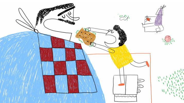 Bunte Strichzeichnung eines großen sitzenden Mannes mit Schachbrettdecke, der von einem kleineren Jungen mit gelbem Hemd und orangefarbenen Schuhen ein Sandwich gereicht bekommt, im Hintergrund ein Tisch mit einer violetten Tischdecke und einem roten Ball auf grünem Gras.