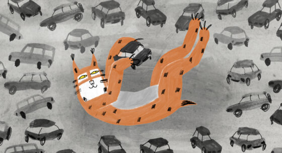 Orangefarbener Luchs mit erhobenen Pfoten vor einem Hintergrund aus stilisierten grauen Autos.