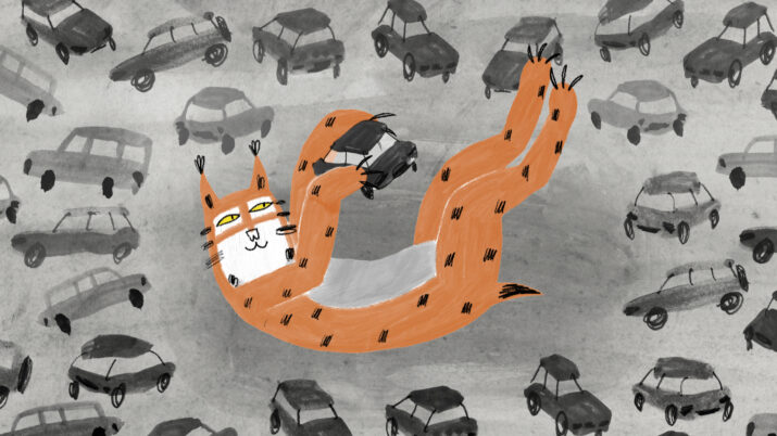 Orangefarbener Luchs mit erhobenen Pfoten vor einem Hintergrund aus stilisierten grauen Autos.