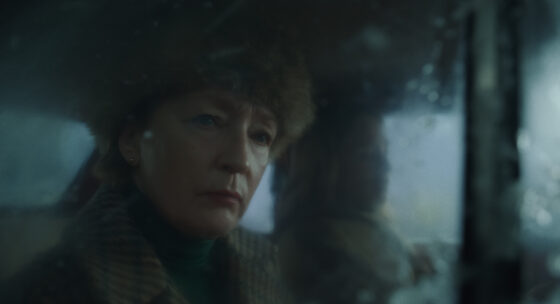 Person mit kariertem Mantel sitzt im Auto hinter der Windschutzscheibe bei trübem Wetter